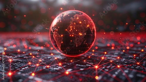 A glowing red globe of the earth with a network of red dots and lines.