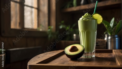 A refreshing avocado shake sits gracefully in a tall, clear glass placed on a rustic wooden tray. The shake is perfectly blended, showcasing a smooth texture with subtle shades of green. Fresh slices  photo