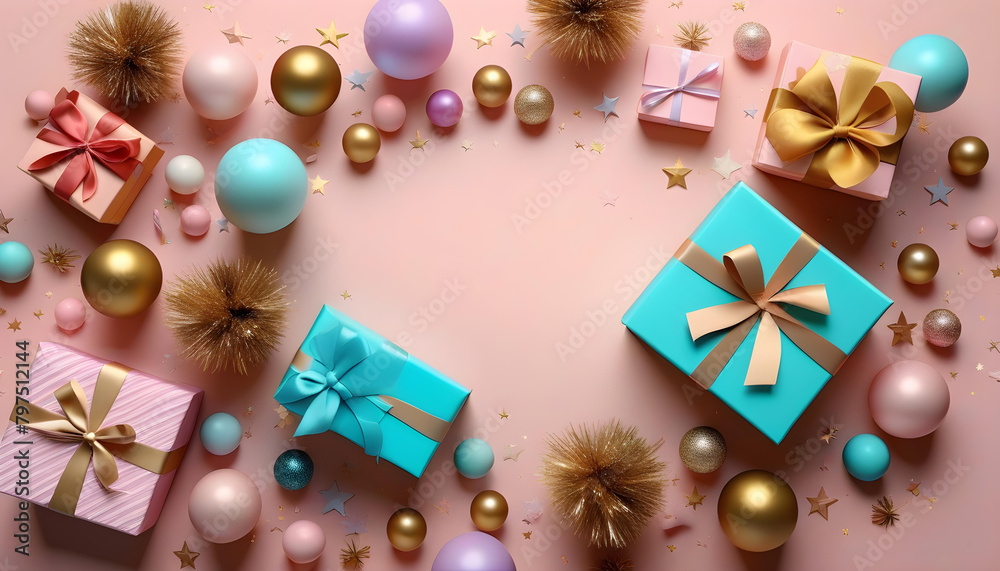 A flat lay of pastel-colored and golden balls, stars, and a gift box with an empty space for design elements