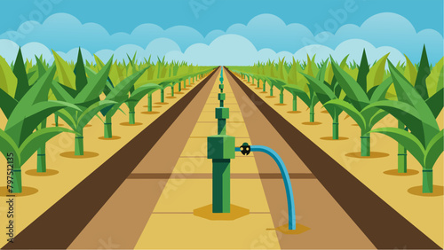 Drip irrigation hoses running through rows of corn delivering precise amounts of water to each plant minimizing water waste and maximizing crop