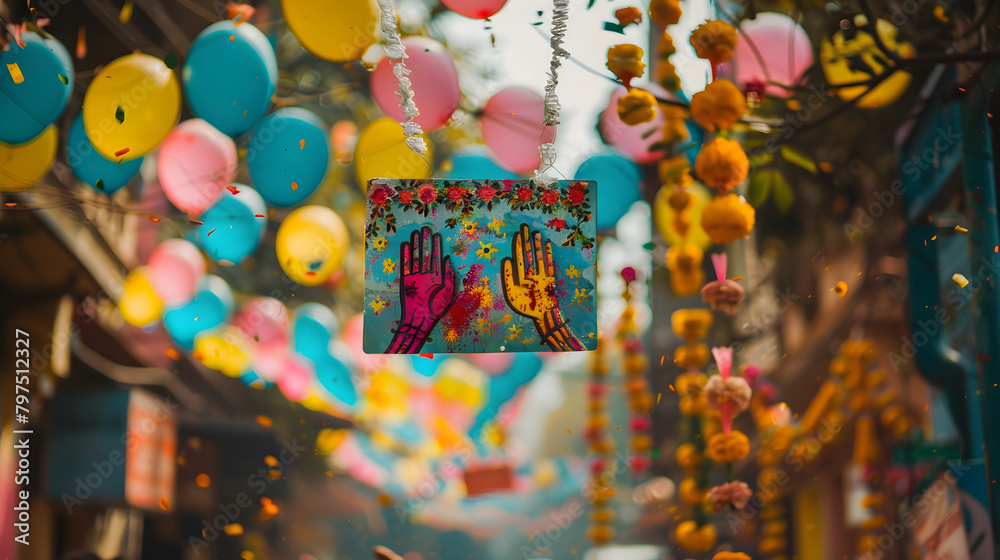 A plastic notice with Holi decorations and Krishna hands gripping it. against the panorama of color-splashed streets and radiant water balloons on a colorful Holi day. A plastic notice with Holi decorations and Krishna hands gripping it. against the panorama of color-splashed streets and radiant water balloons on a colorful Holi day.