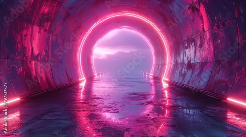 Pink neon tunnel with a glowing circle at the end photo