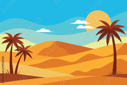 Desert Panorama Background with Palm Trees vector design