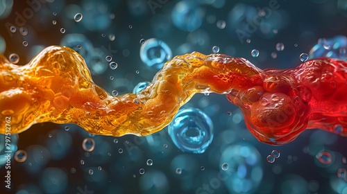 The image shows a close-up of a viscous orange and red liquid flowing through a blue bubbly liquid.