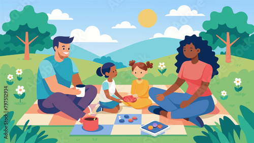 A family picnic in the park with a completed puzzle displayed on a blanket as the centerpiece and a feeling of accomplishment and togetherness
