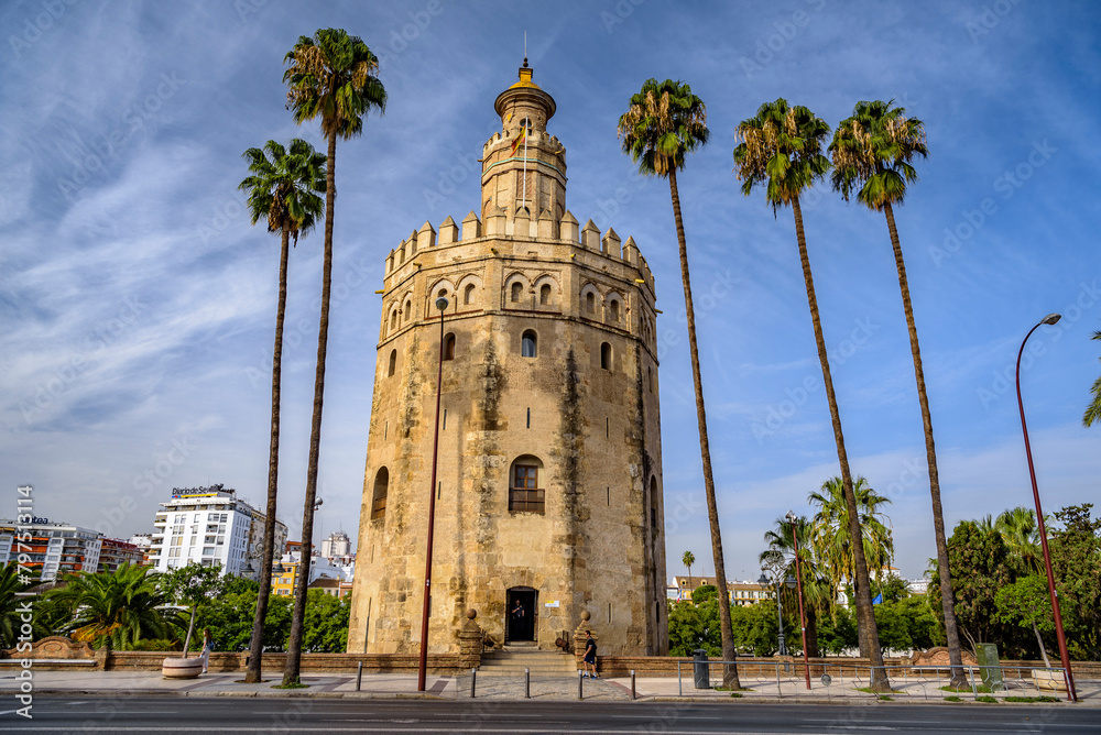 The Torre del Oro tower, an emblematic monument next to the Guadalquivir river (Seville, Andalusia, Spain)