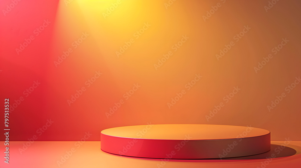 A podium with a red and yellow gradient background. light coming from the right side of the stage. The circular platform is empty A podium with a red and yellow gradient background. light coming from the right side of the stage. The circular platform is empty