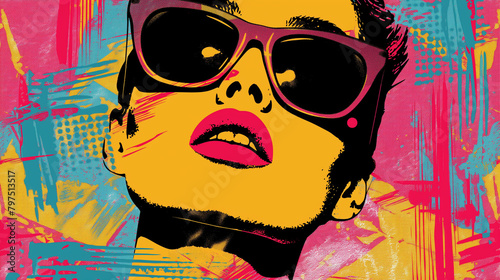 A drawing of a woman s face. She is wearing sunglasses and has bright pink lips. The background is a bright yellow.  