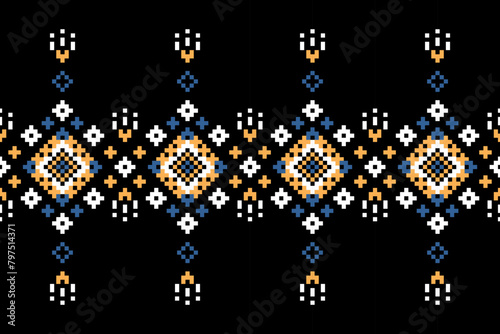 Pixel ethnic pattern, Vector embroidery pattern background, Geometric traditional triangle style, Blue and orange pattern knitting vintage, Design for textile, fabric, batik, kaftan, fibres