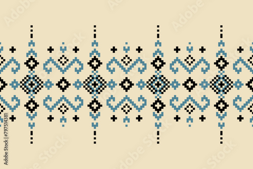 Pixel ethnic pattern, Vector embroidery pattern background, Geometric traditional triangle style, Blue and orange pattern knitting vintage, Design for textile, fabric, batik, kaftan, fibres