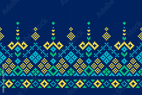 Pixel ethnic pattern, Vector embroidery pattern background, Geometric traditional triangle style, Blue and orange pattern knitting vintage, Design for textile, fabric, batik, kaftan, fibres