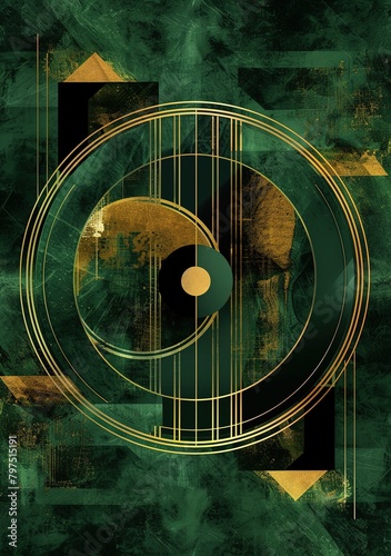 Sophisticated Abstract Art with Dark Green and Gold Geometric Shapes, Inspired by Art Deco 