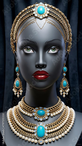 A masterful, close-up portrait of a mannequin bust with captivating green eyes