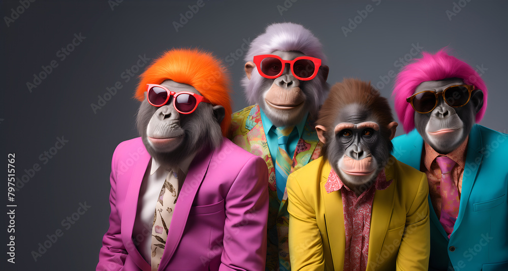 Creative animal concept. Group of ape in funky Wacky wild mismatch colourful outfits isolated on bright background advertisement, copy space. birthday party invite invitation banner
Creative animal concept. Group of ape in funky Wacky wild mismatch colourful outfits isolated on bright background advertisement, copy space. birthday party invite invitation banner