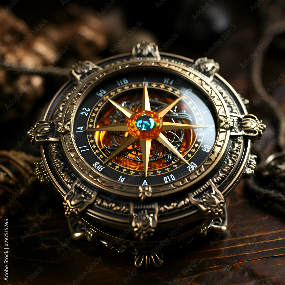 Compass on a dark wooden background. Vintage style. Close up.