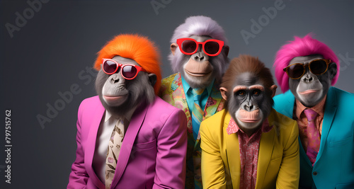 Creative animal concept. Group of ape in funky Wacky wild mismatch colourful outfits isolated on bright background advertisement, copy space. birthday party invite invitation banner	
