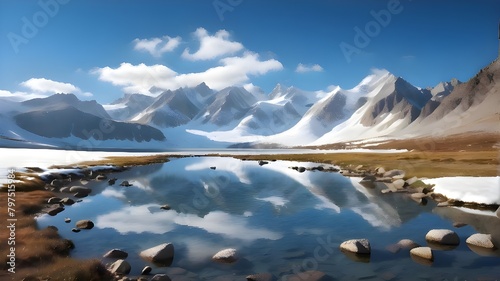 a painting of a mountain with the reflection of the mountains in the water. photo