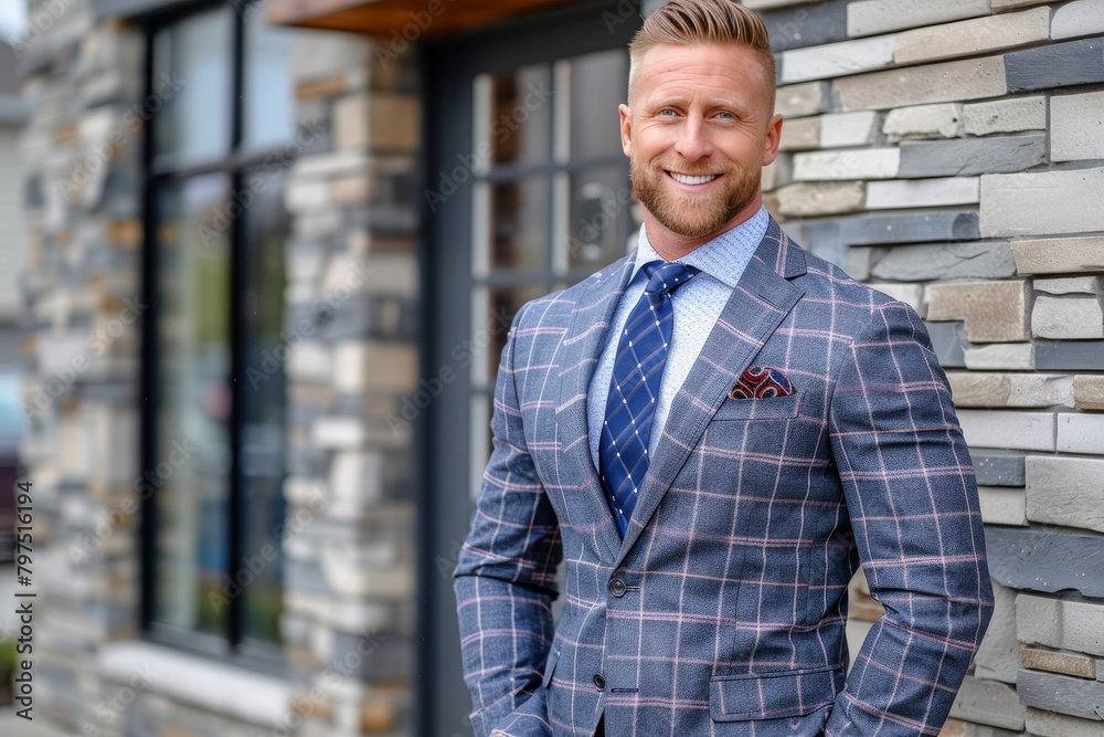 Confident real estate agent standing outside modern home, ready to assist buyers Confident real estate agent standing outside modern home, ready to assist buyers