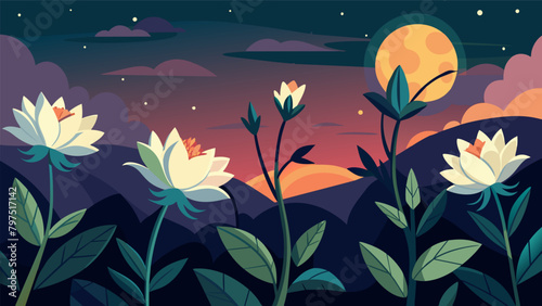 As the sun sets the luminescent blooms of rare nightblooming flowers begin to open filling the garden with a sweet intoxicating scent..