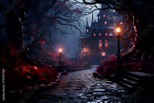 Halloween background with spooky castle and graveyard. 3d rendering