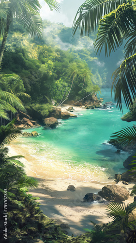 Nestled In Lush Greenery  A Hidden Cove Reveals Emerald Waters And Soft Golden Sands