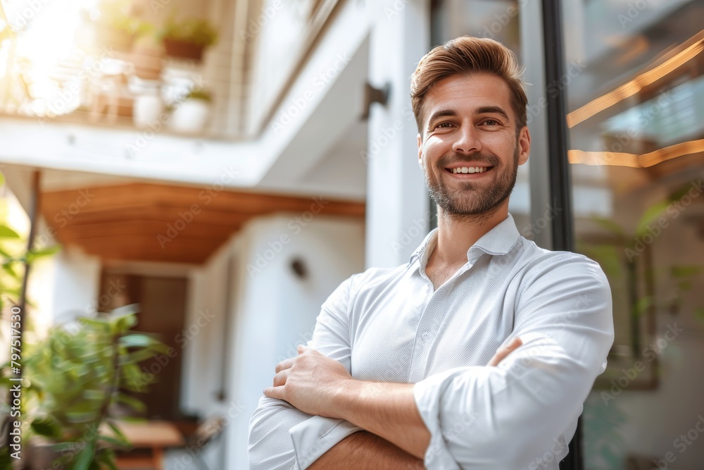 Fototapeta premium Confident american real estate agent standing outside modern home ready to assist buyers
