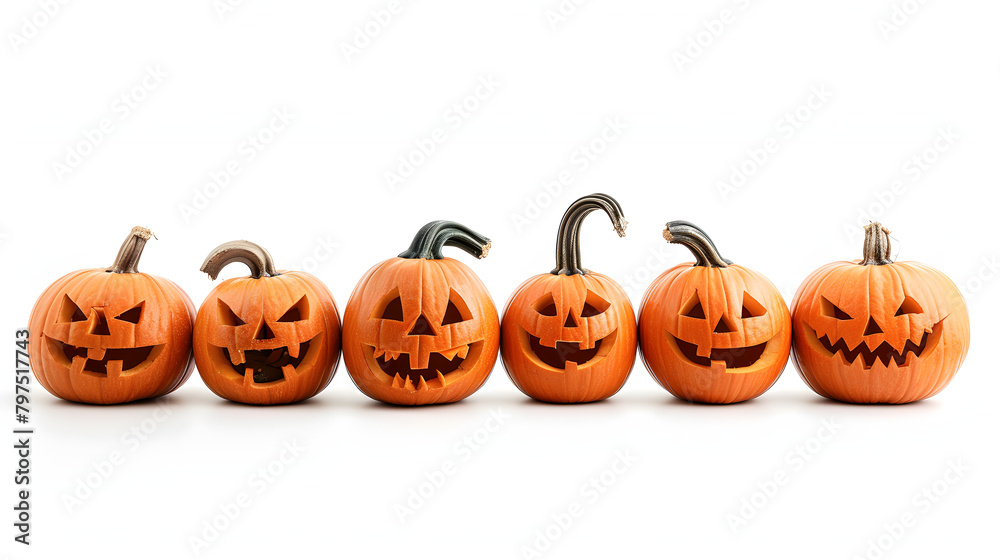 A row of carved pumpkins with smiling faces isolated on a white background A row of carved pumpkins with smiling faces isolated on a white background