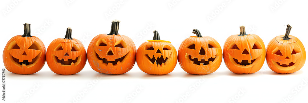 A row of carved pumpkins with smiling faces isolated on a white background A row of carved pumpkins with smiling faces isolated on a white background