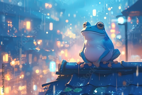 cute cartoon frog with colorful city lights in the background