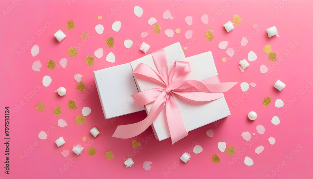 A white gift box surrounded by pink confetti on a pastel pink background