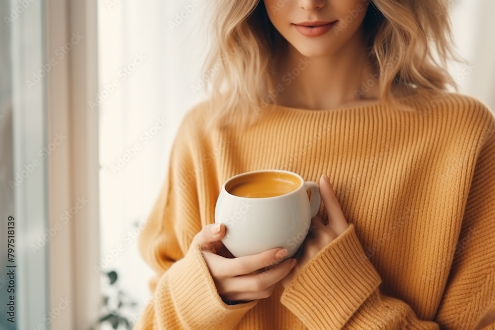 custom made wallpaper toronto digitalCloseup of woman holding a cup of hot coffee in a cozy house.