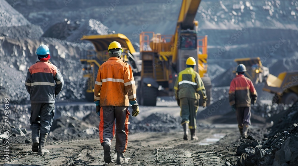 mine workers in action in a mining operation, wearing safety equipment and operating machinery.