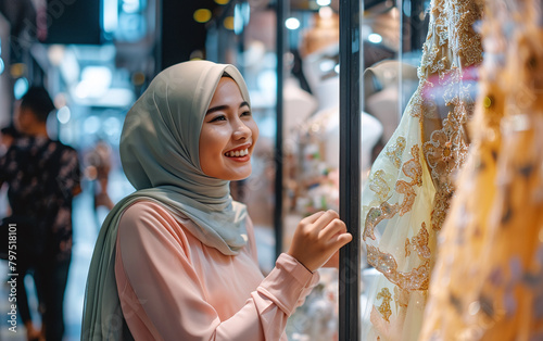 Smiling Malay hijabi woman looking at beautiful dress through the store windows in shopping mall. Window shopping concept.