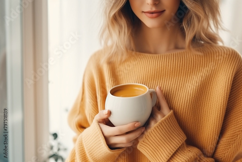 Closeup of woman holding a cup of hot coffee in a cozy house.