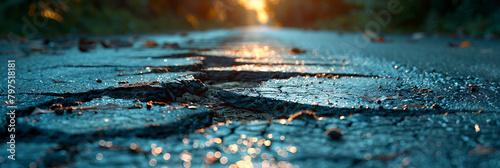 Close-up of a cracked road with displaced asphalt,
Closeup of deteriorating road material

