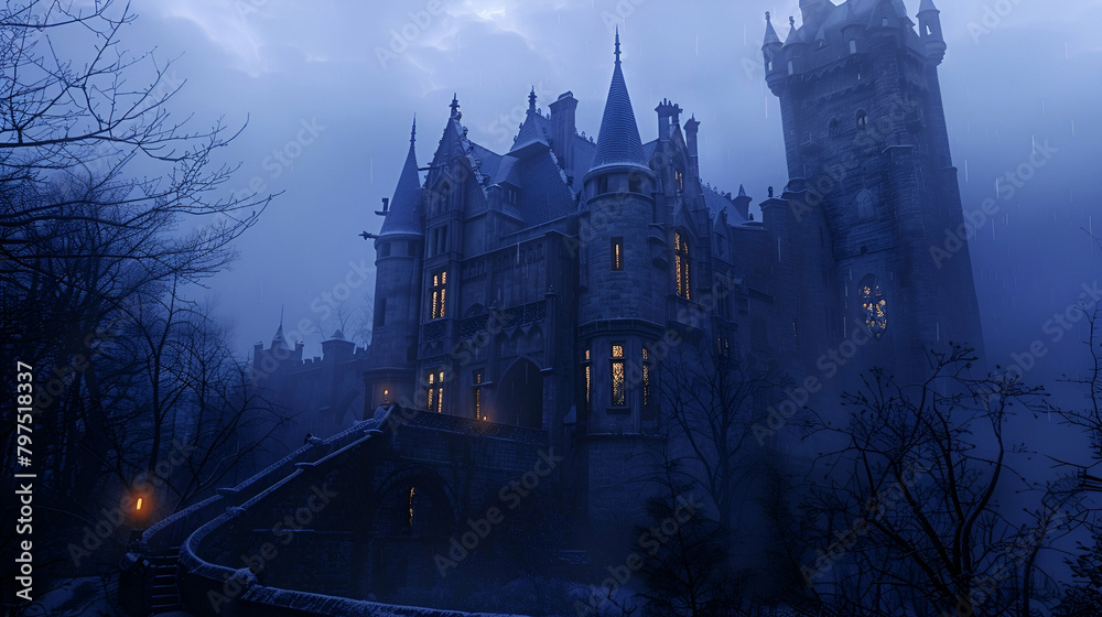 Castle at twilight, Majestic structure with glowing windows, Mysterious mood, Copy space included