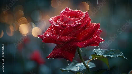 A red rose with raindrops cascading down its petals, capturing a moment of tranquility