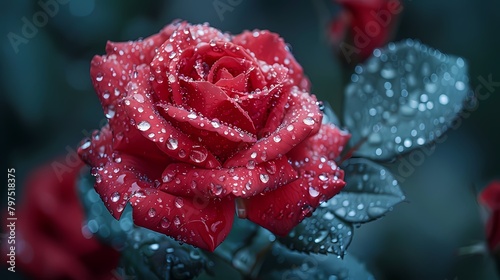 A red rose with raindrops cascading down its petals  capturing a moment of tranquility