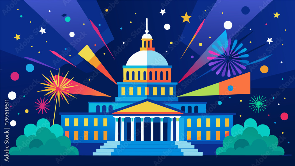 Vibrant bursts of light enliven the dark sky adding a sense of festivity and joy to the Capitol Building.. Vector illustration