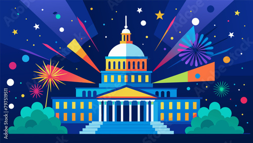 Vibrant bursts of light enliven the dark sky adding a sense of festivity and joy to the Capitol Building.. Vector illustration