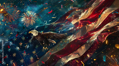 A silk flag with Independence Day embellishments and eagle talons clutching it. set against the vista of parade routes and gleaming fireworks on a patriotic Independence Day. 