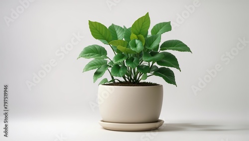 Green potted plant with green leaves on white background