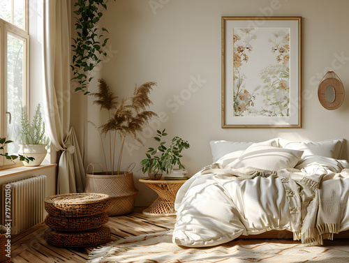 Intimate Elegance: Tilted Side View of White Frame Mockup in Bedroom Setting
