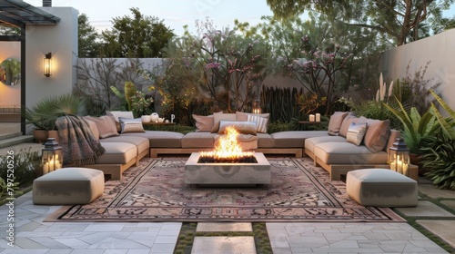 A lowprofile fire pit sits in the center of a chic outdoor lounge area complete with comfortable seating a stylish rug and lanterns for additional lighting. 2d flat cartoon. photo