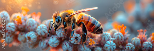 Bee sitting on flower and collects pollen,
Bee on water honeybee macro #797520746