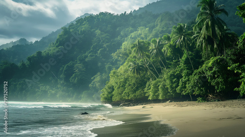 A Misty Morning On A Secluded Tropical Beach, With Emerald Waters Embraced By Lush Palm Trees And A Verdant Mountain Backdrop photo