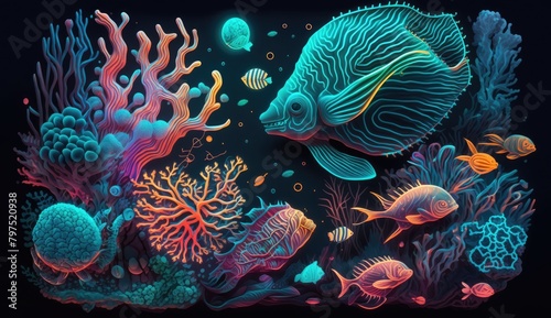abstract underwater world with glowing corals and sea creatures, a neon inspired design of a colorful, set against a dark, abstract background