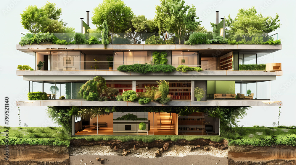 a green building showcasing its eco-friendly features like green roofs, natural ventilation systems, and energy-efficient insulation. 