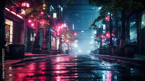 A portrait neon-lit city street at night, with a moody, cinematic vibe and vibrant colors that pop against the dark background