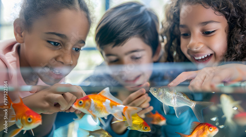 A squad of enthusiastic learners observing and holding silver baby fish in a school aquarium setting. It is a close-up shot on a bright sunny day.  photo